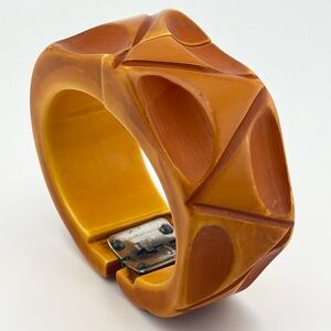 Art Deco Bakelite Butterscotch Hand Carved Geometric Hinged Bracelet